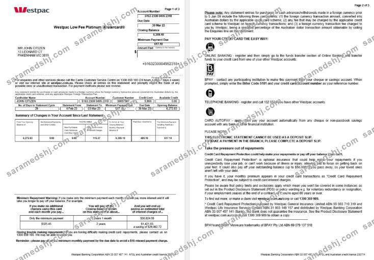 Australia Westpac bank statement Word and PDF template, 3 pages 1, 2